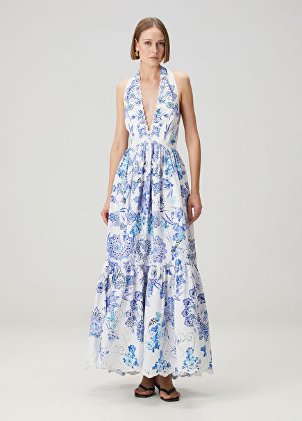 Mavi Beyaz Çiçekli Maksi Plaj Elbisesi