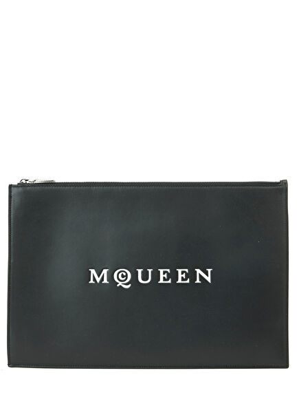 Siyah Logo Baskılı Kadın Deri El Portföyü