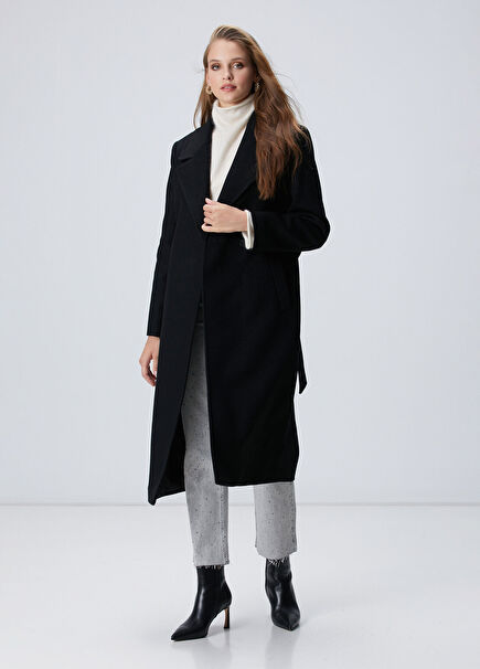Siyah Kaşmir Ve Yün Karışımlı Palto