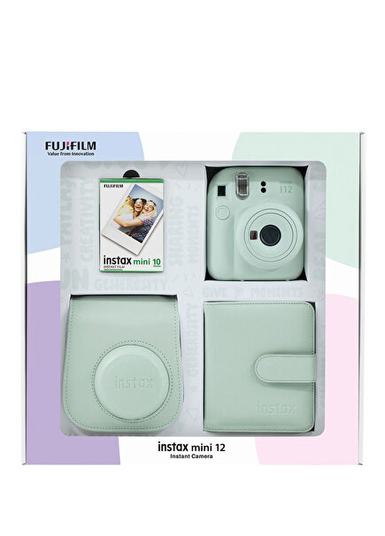 Instax Mini 12 Yeşil Fotoğraf Makinesi Bundle Box + 10'lu Film Kare Albüm ve Deri Kılıflı