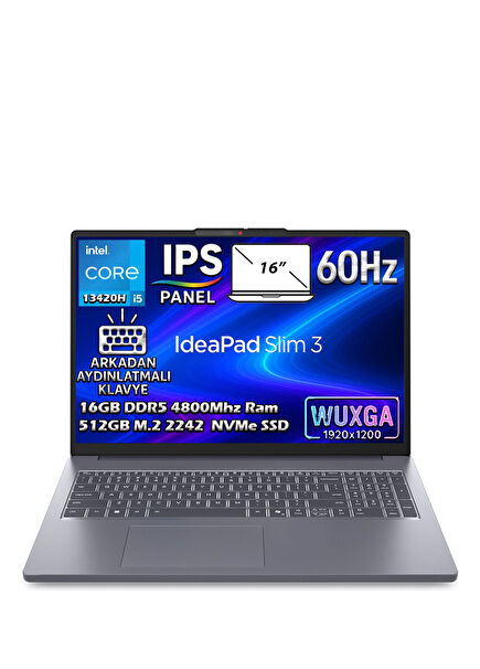 İdeapad Slim 3 16IRH10 Intel Core i5-13420H 16GB Ram 512GB SSD 16" WUXGA IPS Panel FreeDos Laptop 83K20073TR