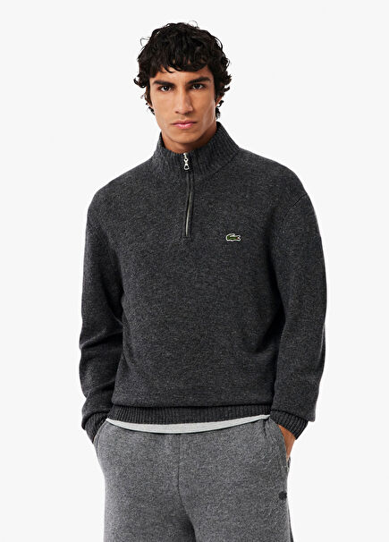 Gri Yün Yarım Fermuarlı Classic Fit Erkek Kazak