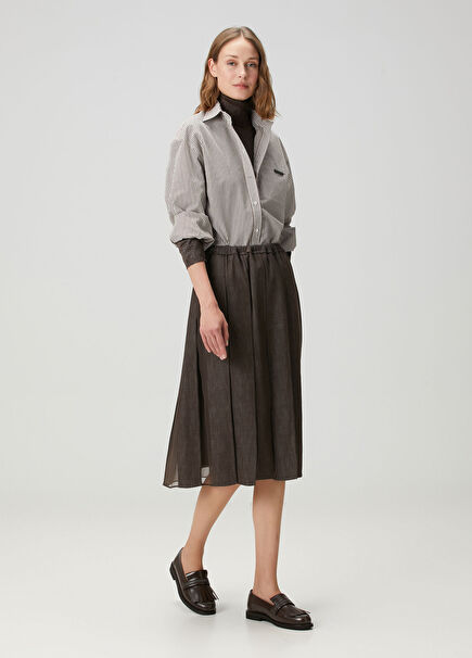 Kahverengi Pileli Midi Etek