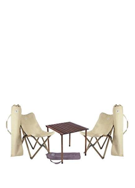 Wood Anthracite Beige Folding Camping Table and Chair Set