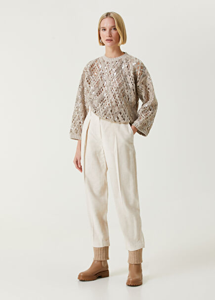 Ekru Pile Detaylı Kadife Pantolon