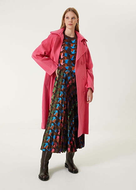 Fuşya Kapüşonlu Kruvaze Kaşe Pardösü