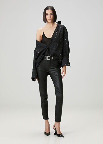 Siyah Dar Paça Deri Pantolon