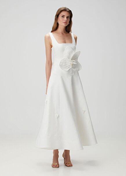 Beyaz Keten Kalın Askılı Kadın Uzun Abiye Elbise 