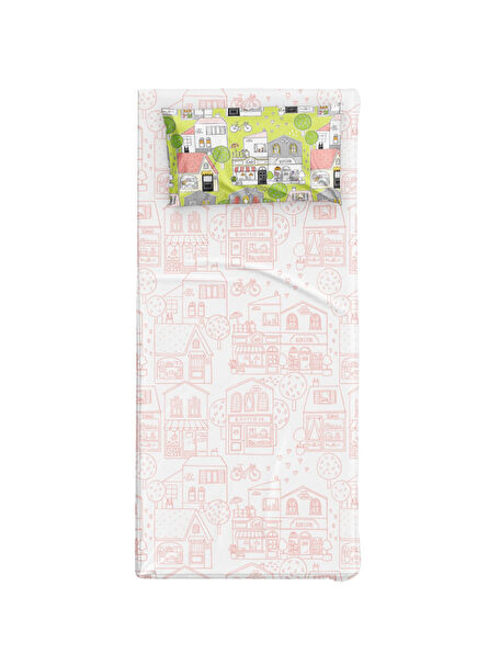 Neighbors Pembe Beyaz Pamuk Saten Unisex Çocuk Çarşaf Seti 90 x 190 cm