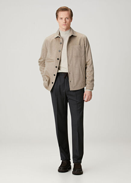 Gri Beli Kordonlu Yün Pantolon