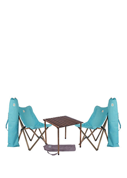 Ahşap Antrasit Turkuaz Katlanır Kamp Masa ve Sandalye Seti