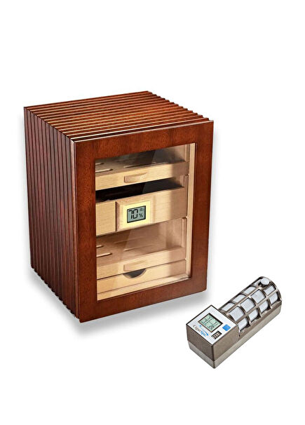 Cigarspa Electronic Humidifier Glass 3 Drawer Humidor Walnut Cigar Box