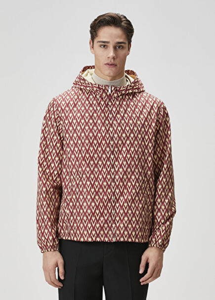 Red Hooded Monogram Patterned Raincoat