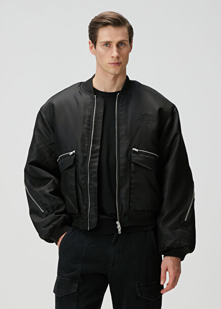 Black Logo Embroidered Bomber Jacket