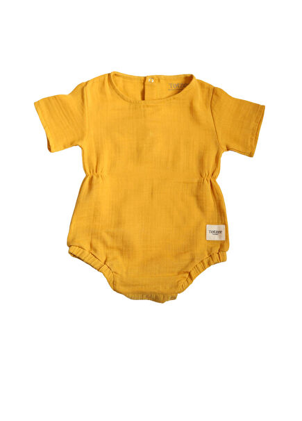 Hardal Müslin Belden Büzgülü Kısa Kollu Unisex Bebek Tulum