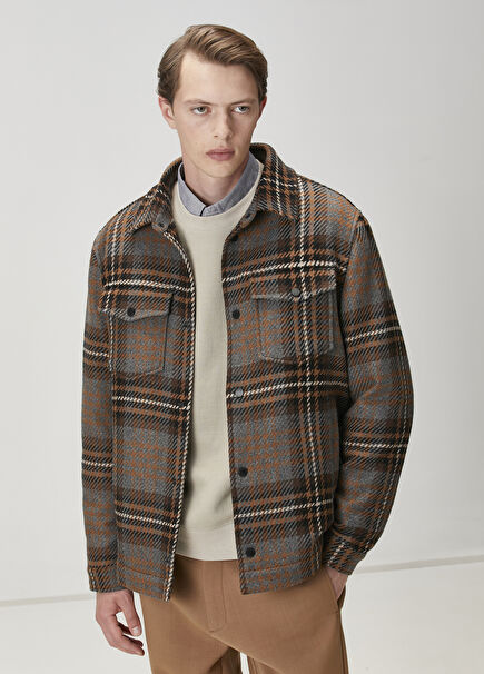 Brown Plaid Pattern Wool Outer Shirt