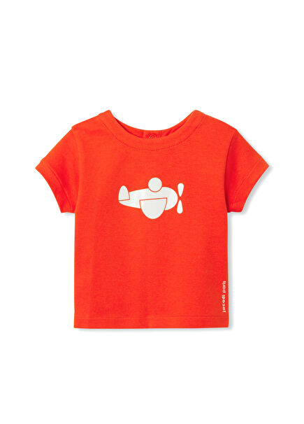 Turuncu Uçak Efektli Kısa Kollu Erkek Bebek T-Shirt