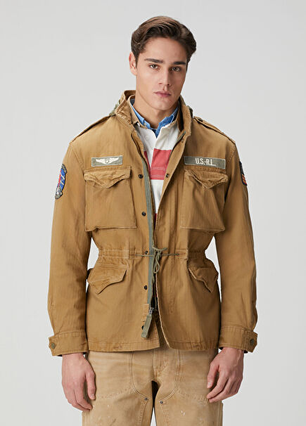 Bej Kapüşonlu Patchli Mont