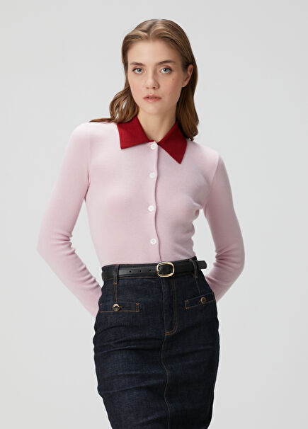 Pink Wool Polo Cardigan