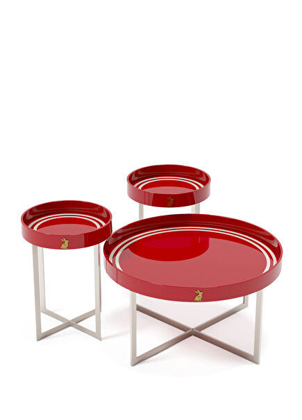 Red and White Lacquered 3-Piece Coffee Table Set