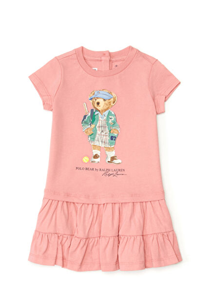 Pembe Ayıcık Baskılı Kız Bebek Elbise