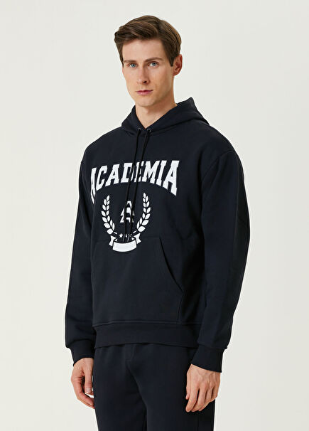 Lacivert Kapüşonlu Logo Baskılı Sweatshirt