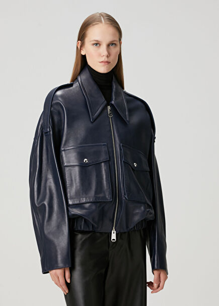 Owey Navy Blue Leather Jacket