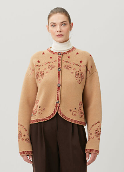 Camel Şal Desenli Yün Hırka