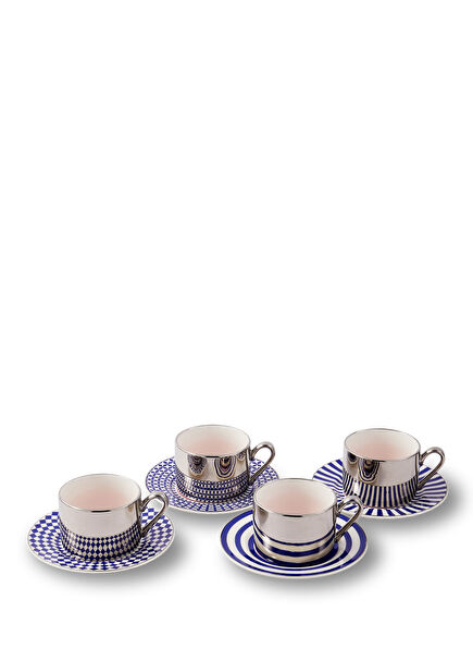 Aunty Silver Blue Patterned Porcelain Set of 4 Teacups and Saucers