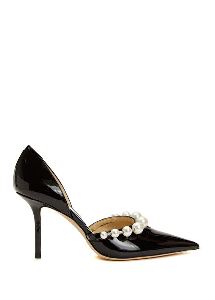 Siyah İncili Deri Topuklu Ayakkabı