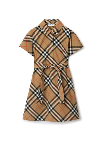 Check Bej Pamuklu Kısa Kollu Kız Çocuk Elbise