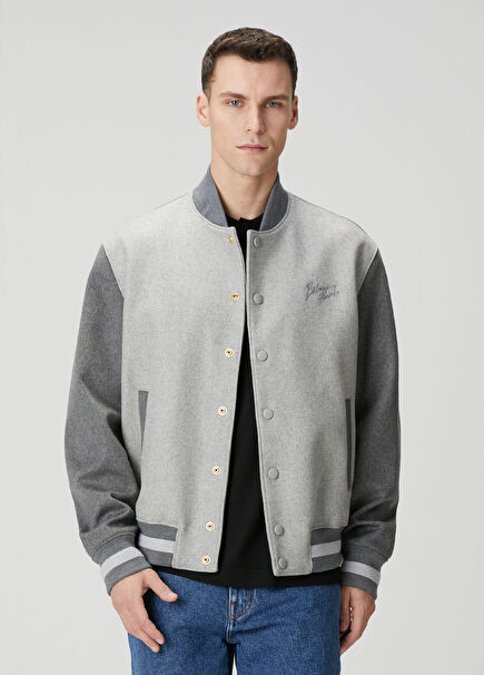 Classic Fit Gri Yün Varsity Ceket