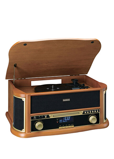 TCD-2571WD Ahşap Retro Bluetooth USB DAP FM Radyo CD Kaset Özellikli Pikap Plak Çalar