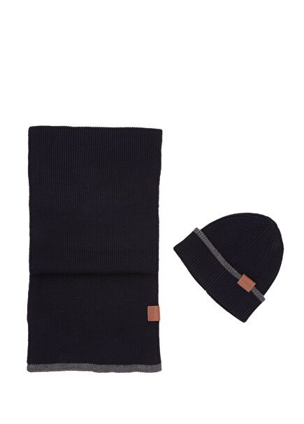 Lacivert Çizgi Detaylı Unisex Atkı Bere Seti