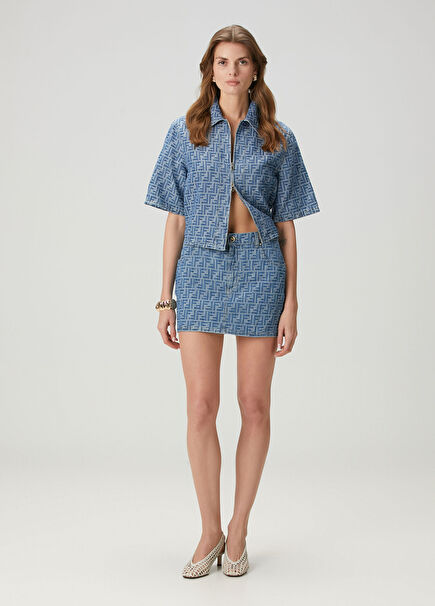 Mavi Logo Desenli Denim Mini Etek