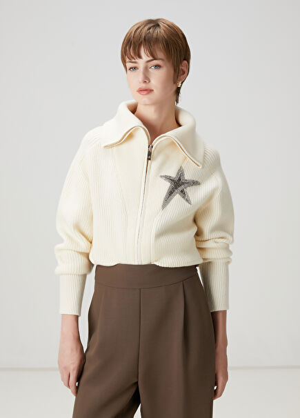 Ecru Embroidered Wool Cardigan