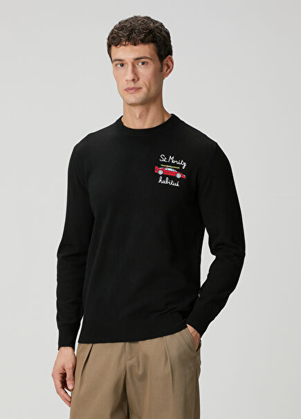 Heron Light Siyah Nakışlı Yün Triko