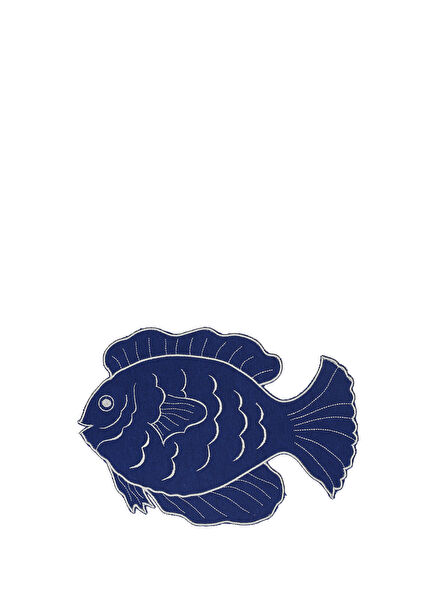 Blue Fish Patterned Linen 4-Piece Coaster Set