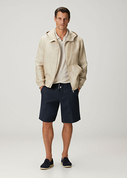 Lacivert Beli Kordonlu Keten Bermuda