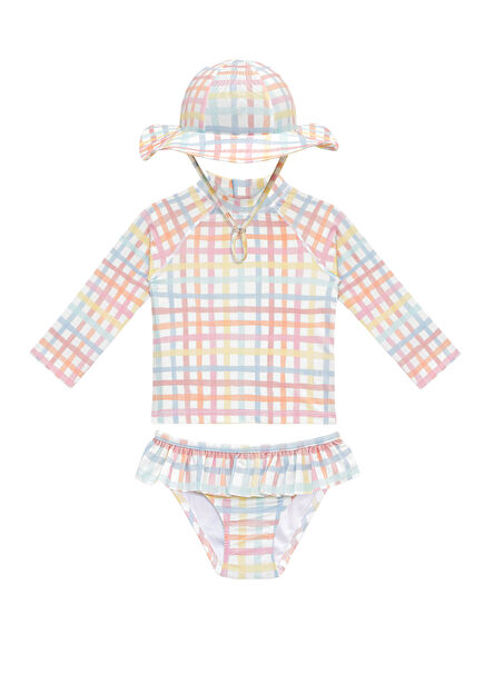 Rainbow Gingham UV Protection Long Sleeve Hat Baby Girl Swimsuit Set