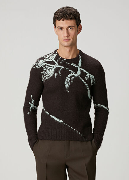 Brown Contrast Jacquard Wool Sweater