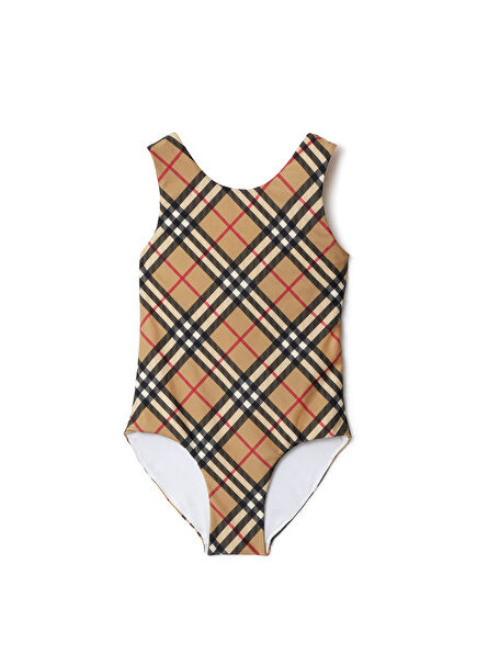 Check Beige Girls' Swimsuit