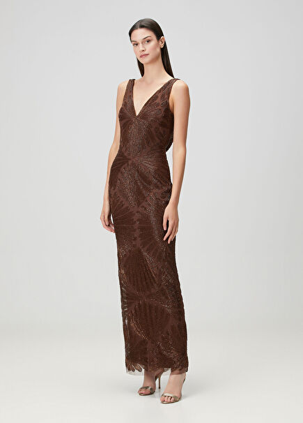 Brown Embroidered Maxi Evening Dress