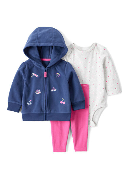 Mavi Kapüşonlu Hırka Uzun Kollu Body ve Pantolon Kız Bebek 3'lü Set