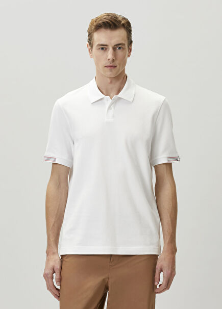 Beyaz Slim Fit Nakış Detaylı Pike Polo T-shirt