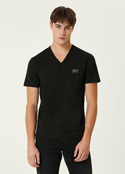 Black V Neck Logo Detailed T-shirt