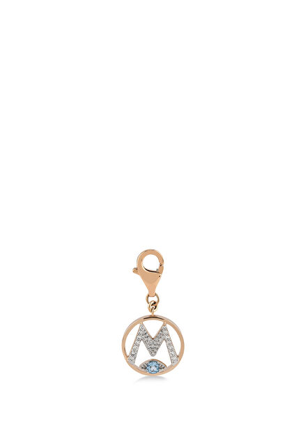 Mini "M" Harfli Charm Pırlanta Sitrin  Taşlı 14 Ayar Pembe Altın
