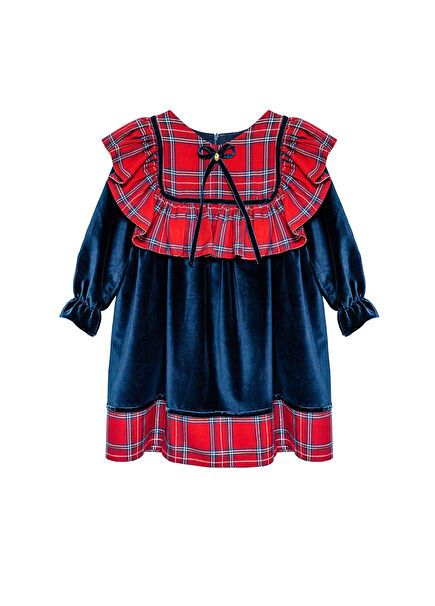 Navy Blue Velvet Ruffled Long Sleeve Girls' Dress