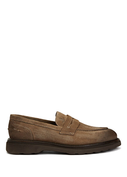 Koyu Bej Logo Detaylı Erkek Deri Loafer
