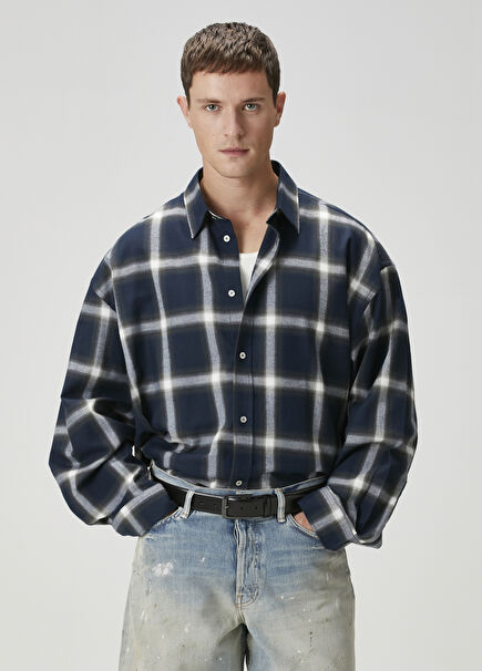 Navy Blue Plaid Patterned Organic Cotton Shirt
